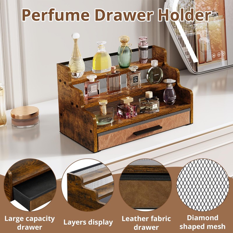 Yuzehuaza 3 Tier Perfume Organizer with Drawer，Wooden Cologne Organizer for