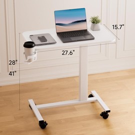 COMHOMA Adjustable Overbed Bedside Table with Lockable Wheels, Pneumatic Mobile Standing Laptop Desk, Portable Rolling Overbed Table Hospital Home Use - COLOR: White-Small