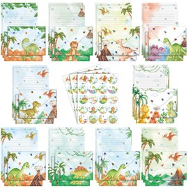 TaoBary 160 Packs Stationery Paper Set (50 Double Sided Stationery Writing Papers 50 Matching Envelopes) 60 Round Dot Sticker, 10 Design (Watercolor Dinosaur,8.25 x5.5 Inch)