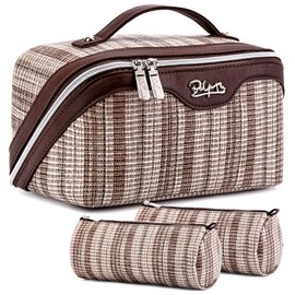 BOYATU Travel Makeup Bag for Women: Large Capacity Open Flat Make up Bag Set of 3 - Vegan Leather Cosmetic Bag with Compartments - Waterproof Toiletry Bag with Handle & Divider(Brown)