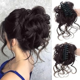 Extensiones Pelo Natural Moños Postizos Coletero Sintético Postizo Rizado Ondulado Clip Cola de Caballo Postizos Recogido para Mujeres y Niñas (Marrón-negro)