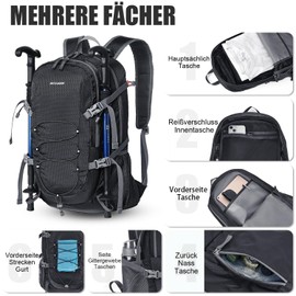 BECOJADDE Hiking Backpack Men Women 40L Ultralight Foldable Backpack Waterproof Travel Backpack Trekking Backpack with Wet Compartment for Hiking, Travel, Cycling and Climbing, black, Daypack