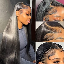 Ysxbui 13x6 Lace Front Wigs Human Hair 180 Density Straight HD Transparent Lace Front Human Hair Wigs for Women 13x6 Lace Front Wigs Human Hair Pre Plucked with Baby Hair Natural Color (34 Inch)