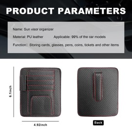 Dickno Small Leather Car Sun Visor Organizer, Multifunctional Auto Visor Document Holder with Sunglasses Clip, Universal Car Interior Organizer for Driving License, Card, Pen (Black&Red)