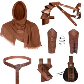MyersCostume Medieval Knight Leather Men Renaissance Half Shoulder Cape Scarf Buckle Bracers Retro Sword Frog (Orange)