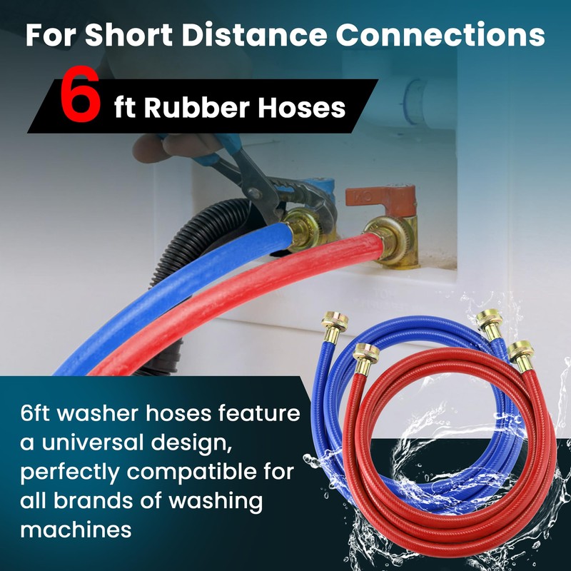 2 PACK Rubber 6FT Washing Machine Hoses Burst Proof Red