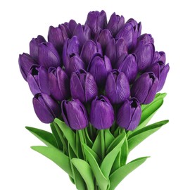 MACTING 30 PCS Artificial Tulip Flowers 13.7" Real Touch Fake PU Tulips Bouquet Faux Purple Flowers for Floral Arrangements Table Centerpiece Kitchen Home Indoor Outdoor Summer Decorations