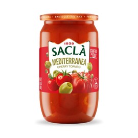 SACLA Mediterranean Puttanesca Cherry Tomato Pasta Sauce with No Added Sugar | 100% Italian Grown Tomatoes with Olives, Capers & Garlic | 24 oz Glass Jar | Imported from Italy | Non-GMO Authentic Italian Sauce