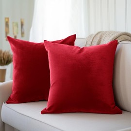 Encasa Homes Velvet Cushion Covers, Set of 2, 45 x 45 cm, Red, Plain, Soft and Smooth, Washable, Square, Large Scatter Cushion Covers for Couch, Sofa, Chair, Bed and Living Area