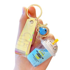 HSYHERE Llavero romántico para niñas y mujeres, ayuda a relajarse, gato, suerte, gatito, leche, té, burbujas, taza de té, llavero, llavero, Azul, S