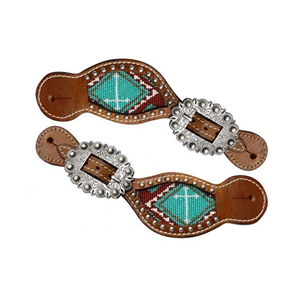 Showman Ladies Size Leather Spur Straps w/Beaded Cross Inlay! New Horse TACK! (Teal)