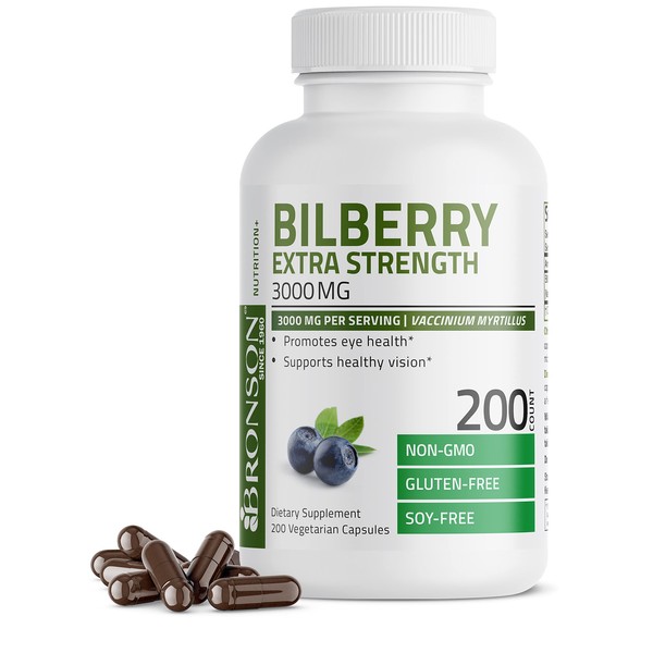Bronson Bilberry Extra Strength 3000 mg per Serving Vaccinium Myrtillus, Promotes Eye Health and Supports Healthy Vision - Non GMO, 200 Vegetarian Capsules