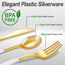 SUT Gold Plastic Silverware, 160Pcs Gold Utensils Set Disposable, 80 Gold Plastic Forks, 40 Gold Knives, 40 Gold Spoons, Gold Plastic Cutlery for Parties, Dinners, Weddings(White Gold)