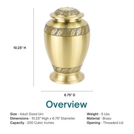 Golden Leaves Brass Cremation Urn for Ashes, Brass, Gold Urn, Adult Sized Cremation Urn, 10.25 Inches High