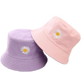 Sun Hat for Women Men Cotton UV Protection Bucket Hat Summer Fishing Hunting Hiking Travel Cap Double-Sided Reversible Wide Brim Beach Hat Unisex Girls Packable Outdoor Daisy Hat(Pink Purple)