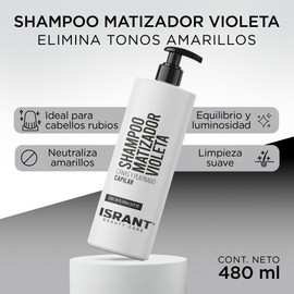 ISRANT | Shampoo Matizador Morado para Cabello Rubios y Mechas | Intensifica Color Rubio - Elimina Tonos Amarillos | Completa Neceser de Viaje - Baño Accesorios | Cuidado del Cabello Teñido 480ml