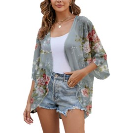 Heynino Women's Floral Print Casual Kimono Cover up Sheer Loose Blouse Tops Grey 3XL