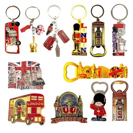 12 London Souvenirs Keyrings Magnets - British Souvenir Metal Magnet Key chain - Union Jack Key Ring Magnet UK Fridge Magnet Bottle Opener Keychain