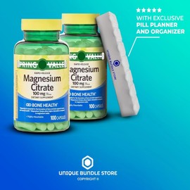 Spring Valley, Magnesium Citrate 100mg, Capsules 100 Count Rapid-Release, Magnesium Citrate, Bone Health Dietary Supplement + 7 Day Pill Organizer Included (Pack of 2)