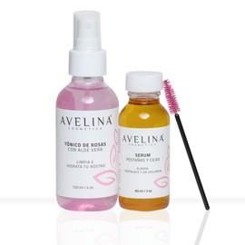AVELINA COSMETICS Kit Serum Alargador de Pestañas y Cejas 100% natural 60 ml. Incluye Tónico de Rosas con Aloe Vera 120 ml.