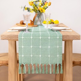 Socomi Farmhouse Table Runner Macrame Plaid Coffee Table Runner Cotton Rustic Spring Summer Fall Table Runner with Tassels for Boho Home Decor Dining Living Room 13x72 inches Emerald Green