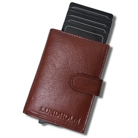 Lundholm Card Holder - Slim Card Holder for Credit Card, ID, Other Cards, Includes Coin Pocket + Pocket with RFID/NFC Protection - Durable Leather Minimalist Design - Gifts for Men, brown, Modern
