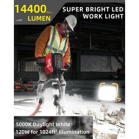 14400LM LED Work Light, 120W Flood Light with 16FT Cord & Switch, Portable Worklight with Stand, 5000K IP66 Waterproof Construction Lighting for Job Site Repairing Workshop Garage