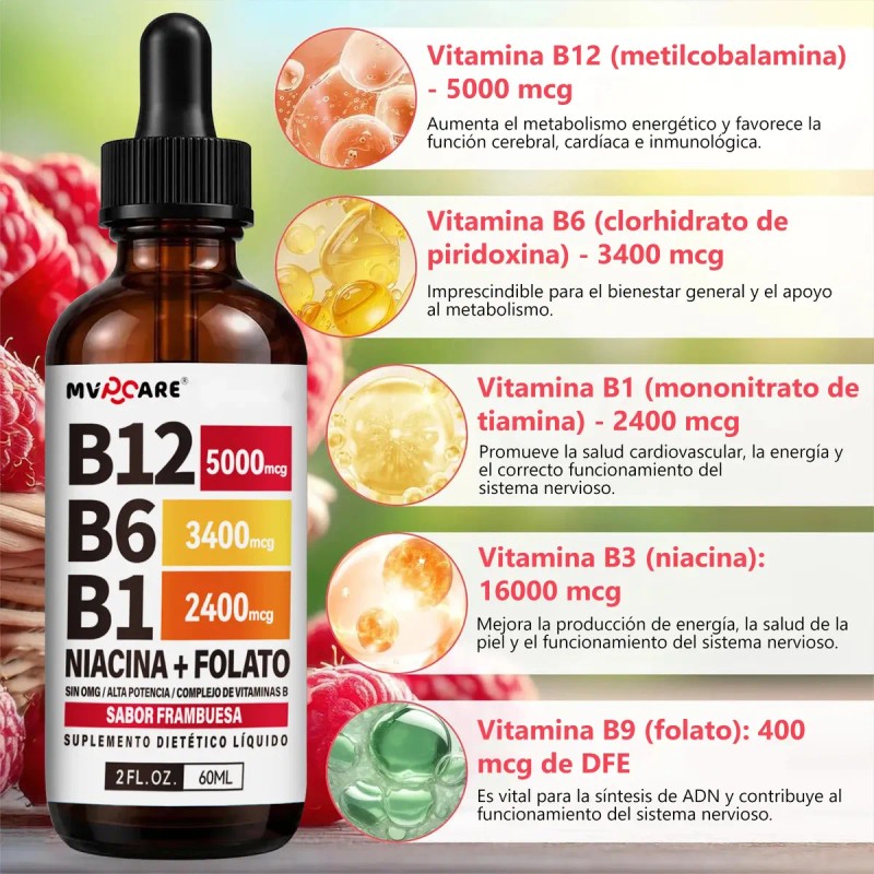 Mvpcare Vitamina B12 Gotas Líquidas Complejo Sublingual Contiene Nicotinamida Ácido