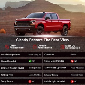 Marretoo Left Driver Side Mirror replacement for 2019-2025 Silverado 1500 Accessories 6 pins With Power Heated Manual Folding Painted With Blind Spot Monitoring(BSM) LH