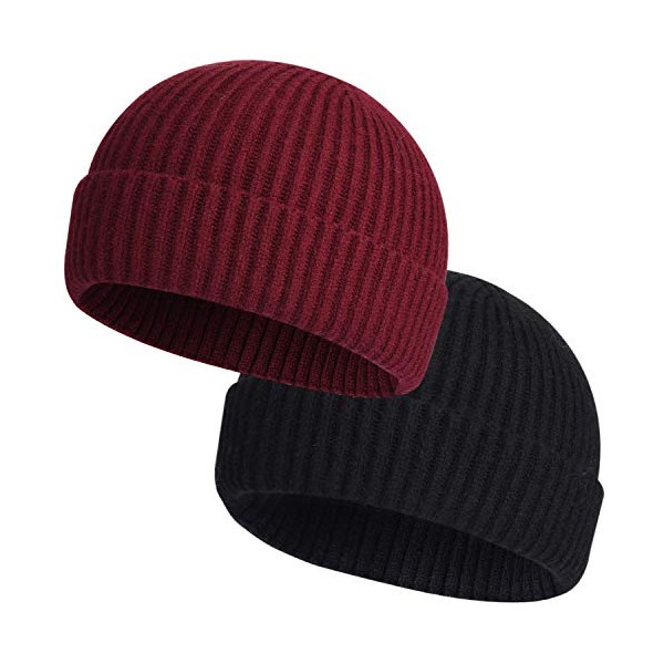 2pcs Swag Wool Fisherman Beanies for Men, Knit Short Watch Cap Winter Warm Hats,B