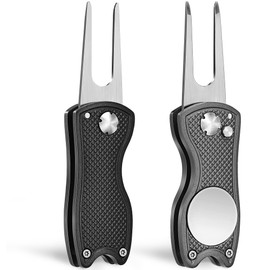 Mile High Life 2 Pieces Golf Divot Repair Tool w Magnetic Golf Ball Marker | All Metal Foldable Divot Tool w Pop-up Button | Golf Accessories for Men (Black and Gray)