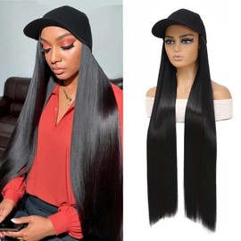 GUOJIAN Baseball Cap with Straight Hair Extensions 32inch Straight Long Hairstyle Adjustable Wig Hat Attached Synthetic Cap Wig for Woman (1B/99, 32Inch)