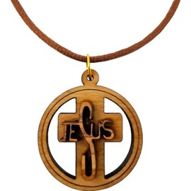 3D Open-Faced Jesus Cross, Wooden Cross Necklace for Men & Women, Certified Holy Land Olive Wood Orthodox Pendant Necklace from Bethlehem Israel, Christian & Catholic Religious Keepsake Gift