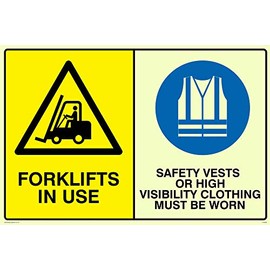 Viking Signs CP5283-A4L-PV "Forklift in Use, Safety Vests or High Visibility Clothing Must Be Wear" Sign Photo Vinyl Sticker 300mm H x 200mm W