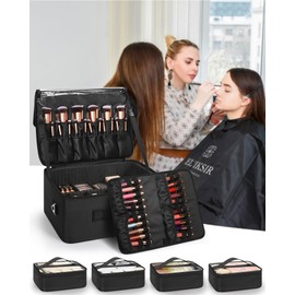 Relavel Extra Large Cosmetic Case, Travel Makeup Bag with 4 Clear Pouches & Lipstick Plate, Portable Cosmetic Case Storage Organizer Box for Makeup Artists with Shoulder Strap & Adjustable Dividers