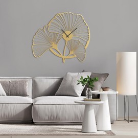 SIGNLEADER Metal Wall Clock Wall Art Decor, Artistic Ginkgo Leaf Wall Sculpture Clock Silent Battery Operated Hangings Home Decoration for Living Room, Bedroom, Kitchen, Bathroom - 30" Gold