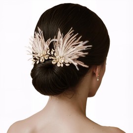 Coucoland Wedding Bridal Hair Accessories - 2 PCS Wedding Rhinestone Feather Hair Clip Bridal Comb Bride Pieces for Women(Gold)