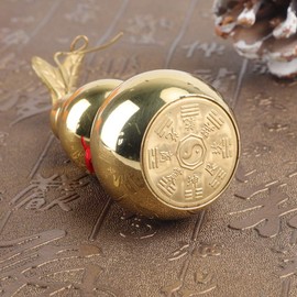 Brass Gourd, Traditional Chinese Feng Shui Wu Lou Cucurbit Statue Gourd with Leaf Red Luck Strip Smooth Surface Open Cover Metal Wealth Hulu Figurine Hanging Ornament Bottle Collectible