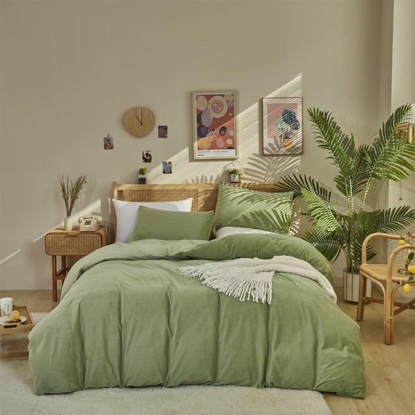 Houseri Sage Green Velvet Comforter Set Queen Fluffy Light Green