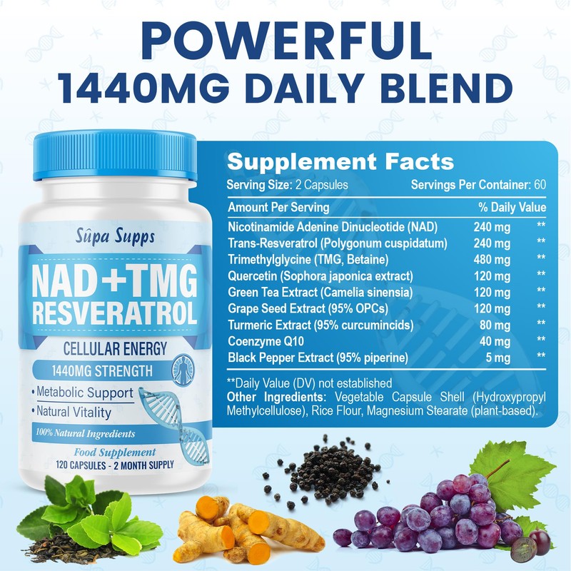 NAD+ TMG, Resveratrol -120 Capsules, 60 Day Supply, Cellular Energy