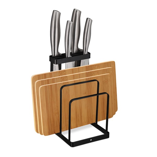 Relaxdays 2 in 1 Chopping Board Holder & Knife Holder, Metal, Board Stand Kitchen Knife Block Unequipped, Black