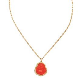 Gold Plated Laughing Buddha Pendant Necklace Ring Set Green Jade Smiling Laughing Buddha Necklace Cubic Zirconia Gemstone Lucky Amulet Jewelry Set for Women Men (red)