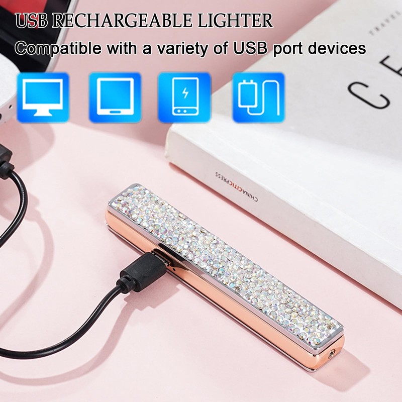 Electric Lighter, Luxury Bling Rhinestone Type-C Rechargeable Lighter with Pull-Out