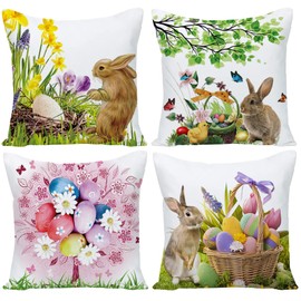 Easter Pillow Covers, 20x20 Easter Pillow Covers, Happy Easter Eggs Tree Bunny Rabbit Spring Flowers Decorative Throw Pillow Case Cushion Square for Sofa Couch Bed Office Car Home Decor