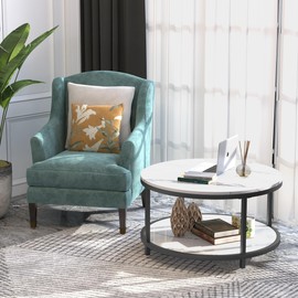 WiberWi Round Coffee Table 33.5" Coffee Tables for Living Room High Glossy Faux White Marble Top Modern Circle Table Sturdy Metal Frame Legs Cocktail Table with Storage Open Shelf