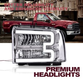 CNNELL LED Headlight Assembly with LED DRL Bar Headlamp Compatible with 2005 2006 2007 Ford F250 F350 F450 F550 SuperDuty(Clear lens Chrome Housing Clear Reflector)
