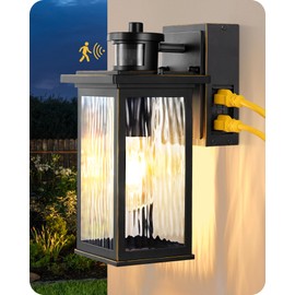 EDISHINE Outdoor Wall Light with GFCI Outlet, Dusk to Dawn Exterior Light Fixture with Water Ripple Glass, Waterproof Outside Motion Sensor Wall Lantern Sconce for Porch Front Door Garage Patio
