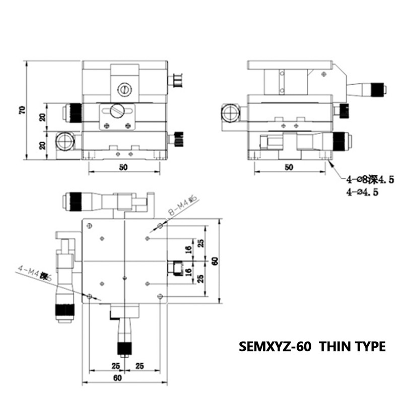 SEMXYZ-60 XYZ Micrometer Trimming Platform Linear Stage Bearing Tuning Sliding