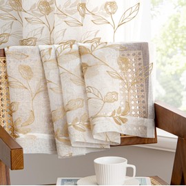 Woaboy Curtains Taupe Leaves Pattern Voile Curtains with Eyelets Living Room Transparent Eyelet Curtain Sheer Voile Curtains for Bedroom Set of 2 140 x 245 cm (W x H)