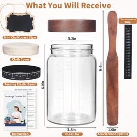 Sourdough Starter Jar Glass, 34 Oz DIY Wide-mouth Pro Sourdough Starter Jar Kit with Acacia Spatula, Cholkboard Sign, Thermometer, Feeding Band, cloth cover, Reusable Sourdough Bread Baking Supplies.
